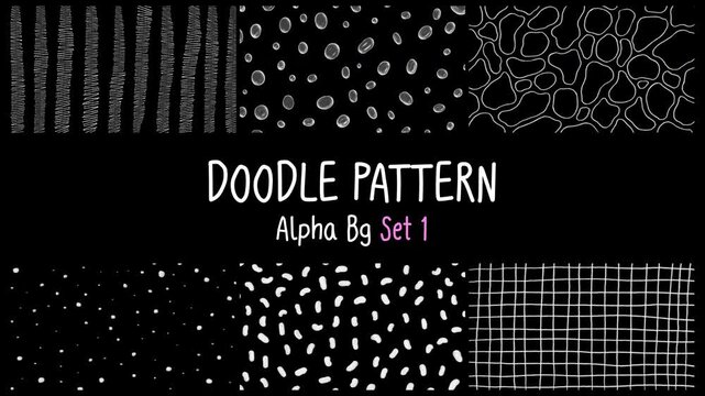 Cute Hand-drawn Imperfect pencil line animated background Infinity Loop (not seamless pattern), Horizon vertical, white doodle wiggle on alpha channel, transparent bg, Set 1