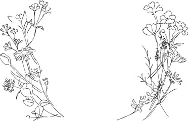 植物の線画イラスト。植物のベクターイラスト背景。葉っぱと花の背景フレーム。
Botanical line art illustration. Botanical vector illustration background. Leaves and flowers background frame.