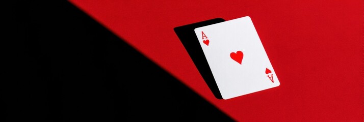 Ace of Hearts playing card balancing on its corner for gambling success concept and poker branding with dramatic hard light and copy space on a red and black background