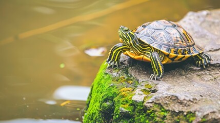 Green Turtle Sitting on Mossy Rock Near Water in Natural Environment