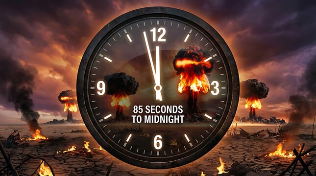 Doomsday clock shows eighty five seconds to midnight with nuclear explosions and destructive warzone background depicting global catastrophe and end of world concept