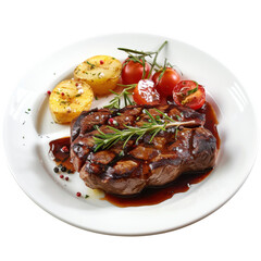 Grilled steak with rosemary, cherry tomatoes, and roasted potatoes on a white plate