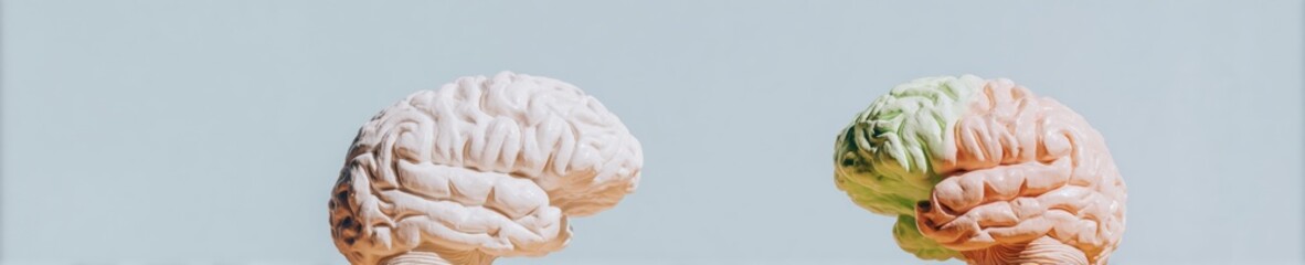 Two Human Brain Models Facing Each Other Representing Neurodiversity and Different Perspectives for Psychology Content on Light Blue Background with Copy Space