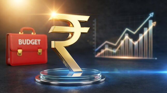 Golden Indian rupee symbol rising on platform with budget briefcase and growing finance graph on dark background finance and investment concept