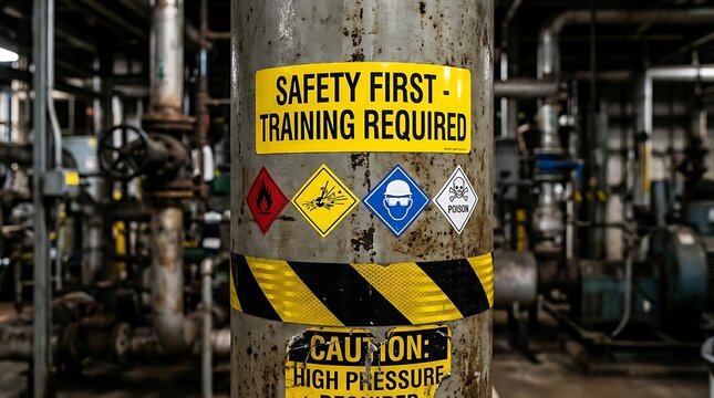 Industrial pipe with safety first training required sign caution high pressure hazard symbols chemical warning poison danger signs