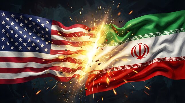 United states of America flag clashing with Iran flag explosion bright light sparks dark background conflict war tension diplomacy