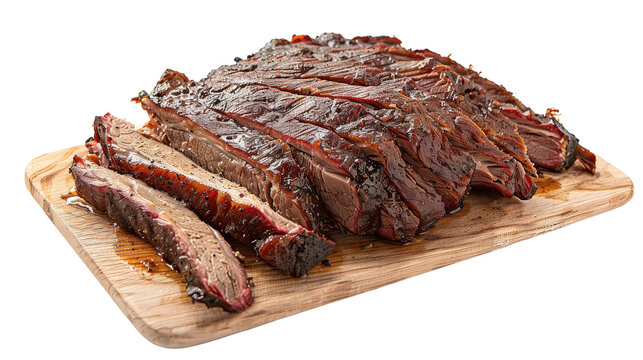 Sliced smoked brisket on a wooden cutting board with rich glaze and juices