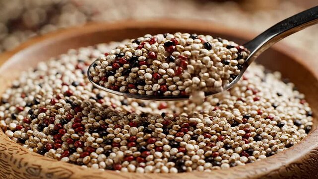 Close-up of tri-color quinoa seeds being scooped from a wooden bowl with a spoon