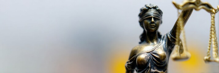 Fototapeta premium Lady Justice statue close up with scales of balance for legal firm branding, judicial service concept on blurred background with horizontal copy space