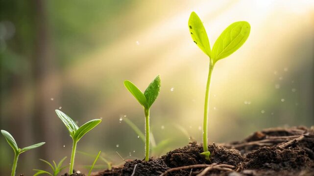 A captivating image of plant sprouts showcasing stages of growth. The sprouts reach toward a sunlit background, symbolizing the continuous cycle of life