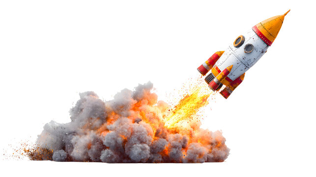 Rocket ship blasting off into space with flames and smoke on transparent background