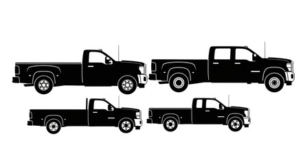 Fototapeta premium Four Silhouettes of Pickup Trucks in Black and White.