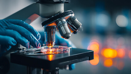 Close-up of scientists hands in blue gloves using a microscope on a petri dish.