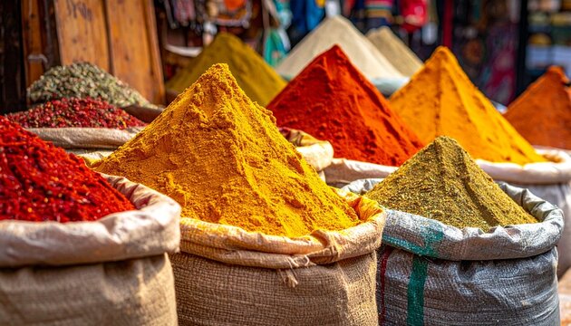 Vibrant piles of various spices in burlap sacks on a market stall with warm tones and a bustling atmosphere.