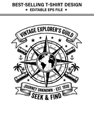 Vintage explorers  t-shirt design guild emblem with compass globe and banners on transparent background