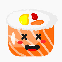 Animated character illustration of gunkan maki sushi wrapped in thin slices of salmon, presented in a simple and appealing cartoon style. Clean and modern design, suitable for Japanese food themes © Achmad