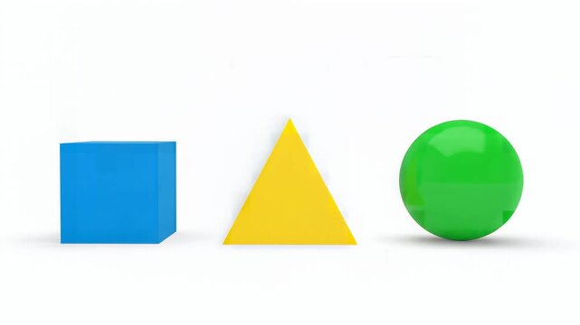Three basic geometric shapes: blue cube, yellow pyramid, green sphere levitate and gently spin on white background