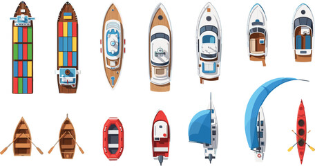 Top view of cargo ships, luxury yachts, motorboats, wooden rowboats, inflatable rafts, sailboats and red kayak, isolated on white © MostMonira