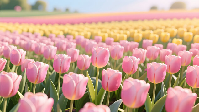 Large field of blooming gradient tulips in spring