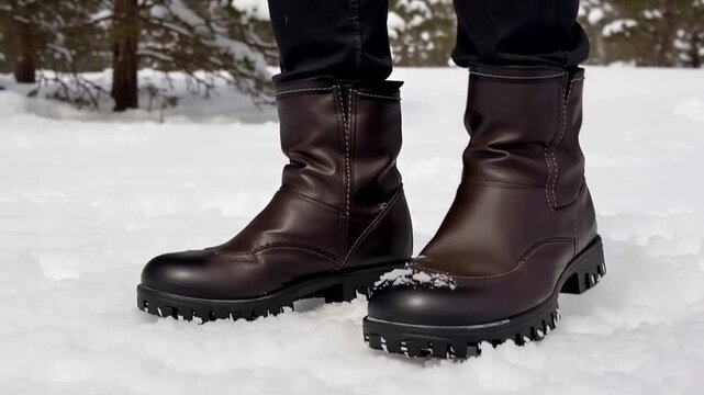 Brown leather boots on snowy ground.