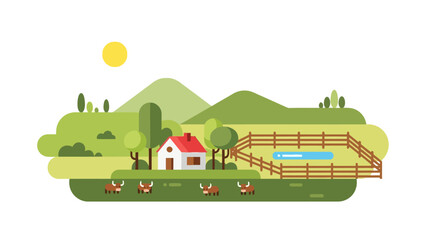 Fototapeta premium Flat illustration of a sunny farm scene with a house cattle and rolling green hills
