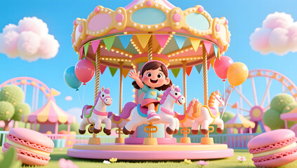 Naklejka premium Little girl waving happily on a carousel in spring