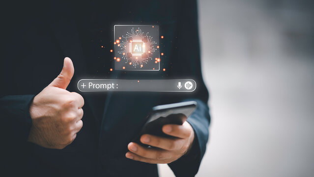 Close-up of businessman using laptop with floating AI command prompt and icons, representing artificial intelligence, prompt engineering, generative technology for digital transformation.