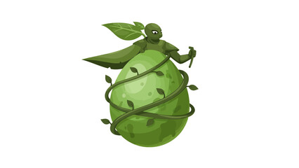 Fototapeta premium Green armored figure atop a vinewrapped egg holding a staff