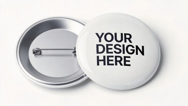 Customizable round badge mockup with pin back,blank white button template,branding identity showcase,merchandise design presentation,clean minimal product display