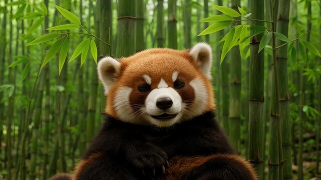 Curious red panda among lush bamboo forest.