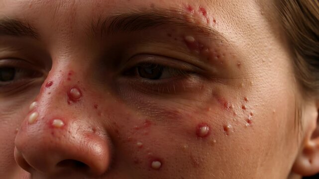 Extreme closeup face with inflamed skin pimples and bumps.