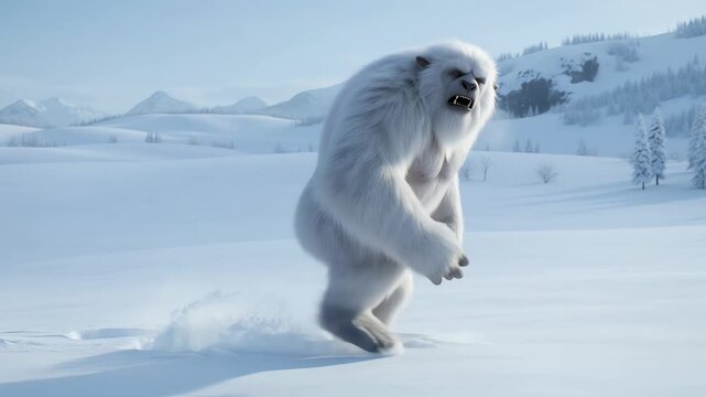 Giant white yeti trudges across snowy tundra landscape.