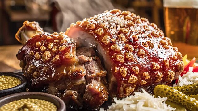 Crispy Pork Knuckle with Mustard and Pickles, German Cuisine