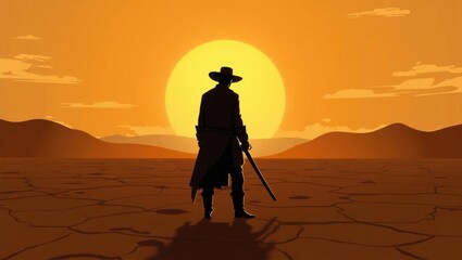 A lone cowboy stands on a rock in the desert at sunset, silhouetted against the sky