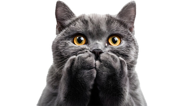 Curious gray cat covering face with paws on transparent background