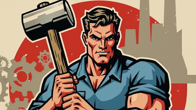 Vintage Style Man Holding Hammer with Gear Background Illustration.