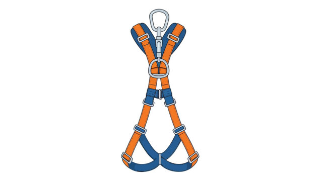 Illustration of an orange and blue safety harness with silver hardware