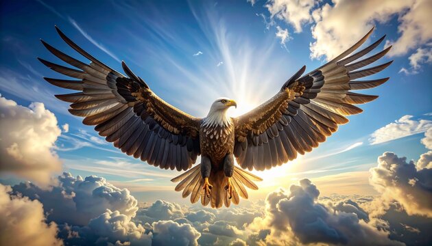 Majestic eagle spreads wings in sunny sky with clouds, showcasing its feathers.