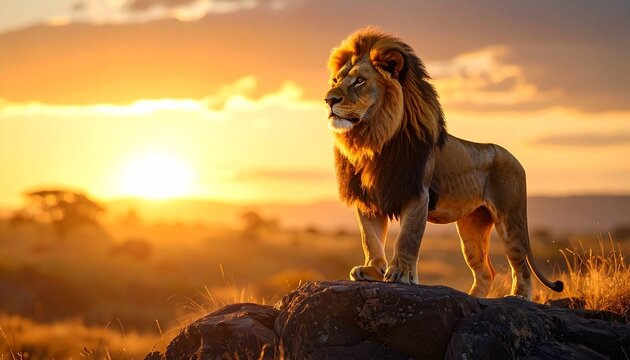 Majestic lion stands on rock at golden sunset