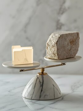 Marble scale balancing light folder and heavy rock, symbolizing contrast between tangible and intangible assets, or digital data versus physical weight