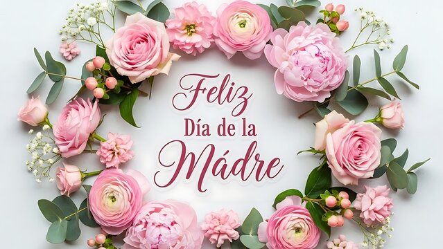 Happy mother's day greeting card with elegant floral wreath and pastel typography design for mom