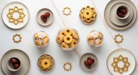 Obraz premium Symmetrical Flat Lay of Eid Al-Fitr Cookies and Dates on Marble