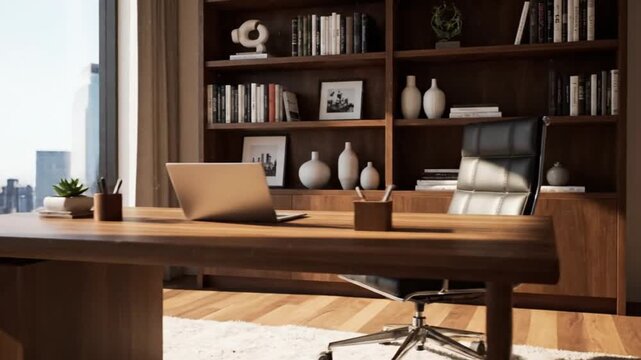 Executive modern home office features a large wooden desk and a laptop overlooking a sprawling metropolitan cityscape through expansive windows.