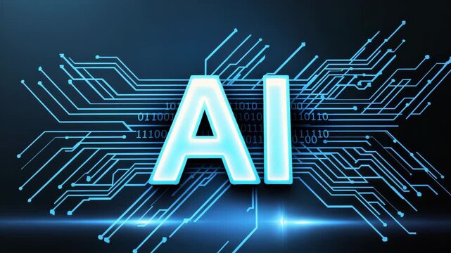 AI neon glowing letters blue circuit board pattern with binary code, futuristic technology innovation and digital excitement conveying glowing circuit, binary, neon, ai, blue, futuristic, technology