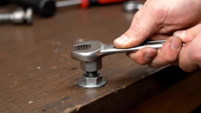 Close-Up of Wrench Turning Nut on Workshop Bench