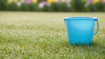 A blue bucket sitting on a lush green grassy field outdoors