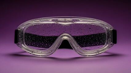 A pair of clear protective goggles with black strap on purple background