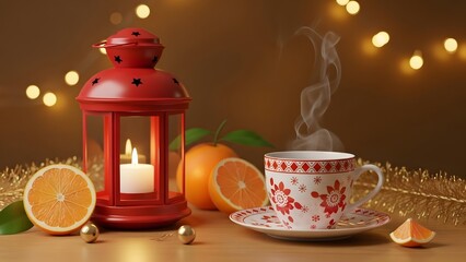 A cozy winter scene with a steaming cup of tea and a red lantern
