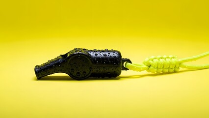 A black whistle with a yellow cord on a bright yellow background