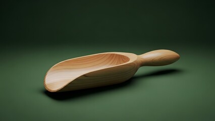 A wooden scoop on a green background for cooking or serving purposes